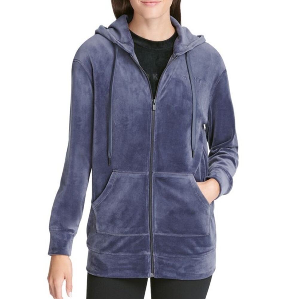 DKNY Sport Velour Hoodie Jacket Womens M Blue Velvet Full Zip Logo‎ Sporty Cozy